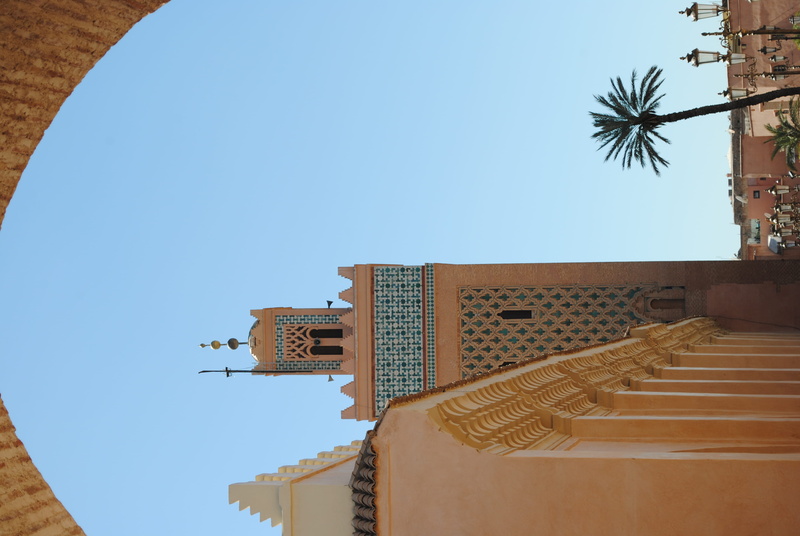 clear sky, directly below, 4K, low angle view, sunlight, sky, architecture, building exterior, marrakech, marrakesh, no people, spirituality, tall - high