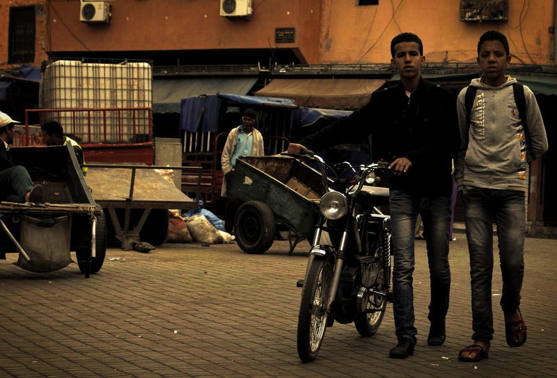 full length, indoors, shopping, land vehicle, vibrant, portrait, young men, marrakesh, mature men, boys, lifestyles, two people, mode of transportation