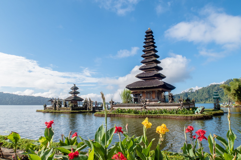 bratan, architecture, spirituality, building exterior, shrine, ulun, mountain, plant, religion, flower, flowering plant, beauty in nature, day, pura, indonesia