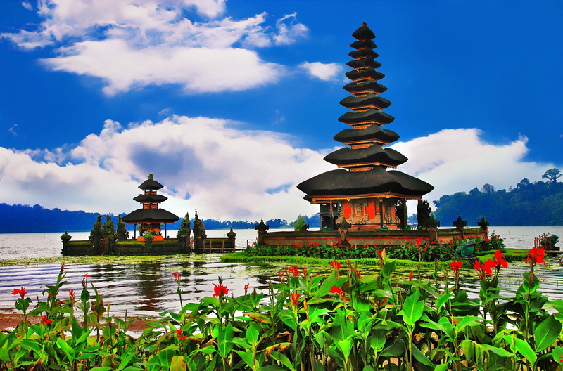 sky, water, building, outdoors, religion, lake, cloud - sky, day, place of worship, pagoda, spirituality, pura ulun danu bratan, 2K, built structure, plant