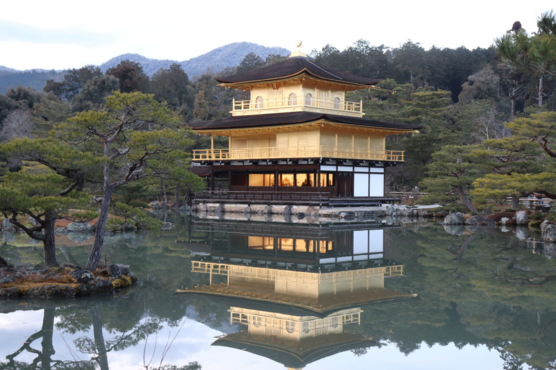 religion, belief, mountain, waterfront, plant, culture, tree, kyoto, place of worship, japan, beauty in nature, tourism, kinkakuji temple, sky, water, travel