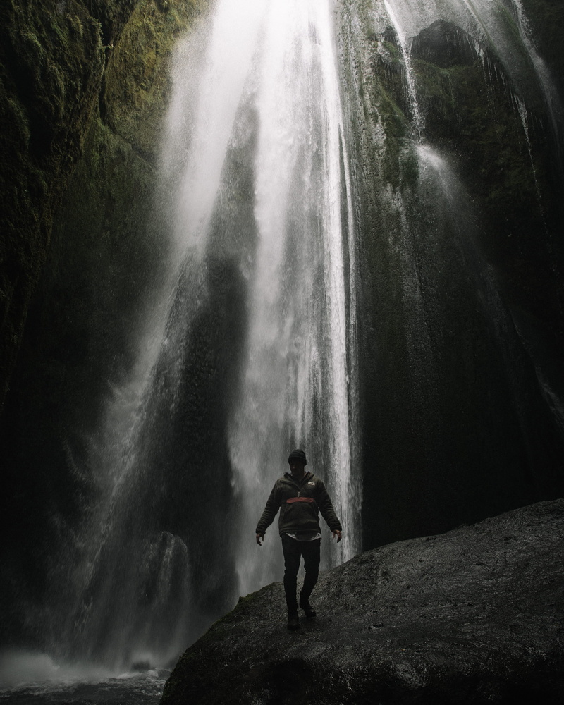 women, standing, hat, dark, waterfalls, mountain, falling, wet, adult, jacket, waterfall, river, near, beautiful destination, 4K, rock, beauty In Nature