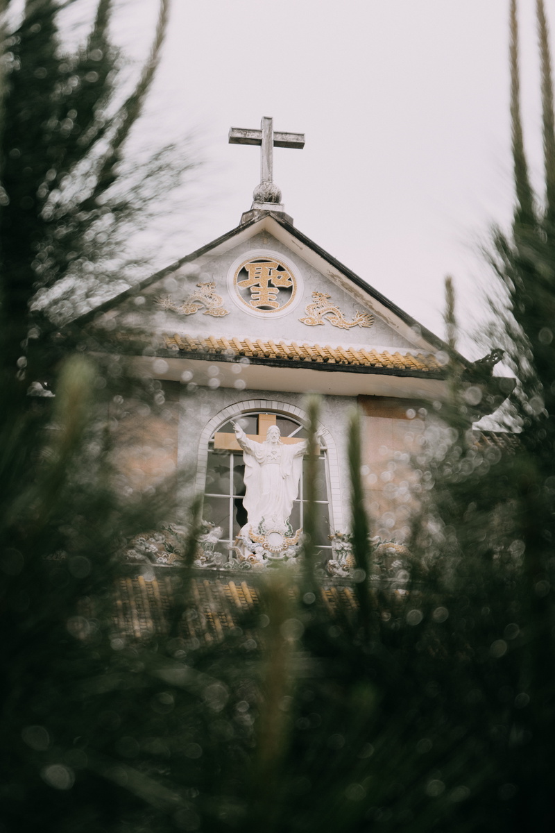 nature, plant, hue, house, day, rain, pine, tree, selective focus, architecture, outdoors, window, spirituality, cold, church, built structure, hill, vietnam