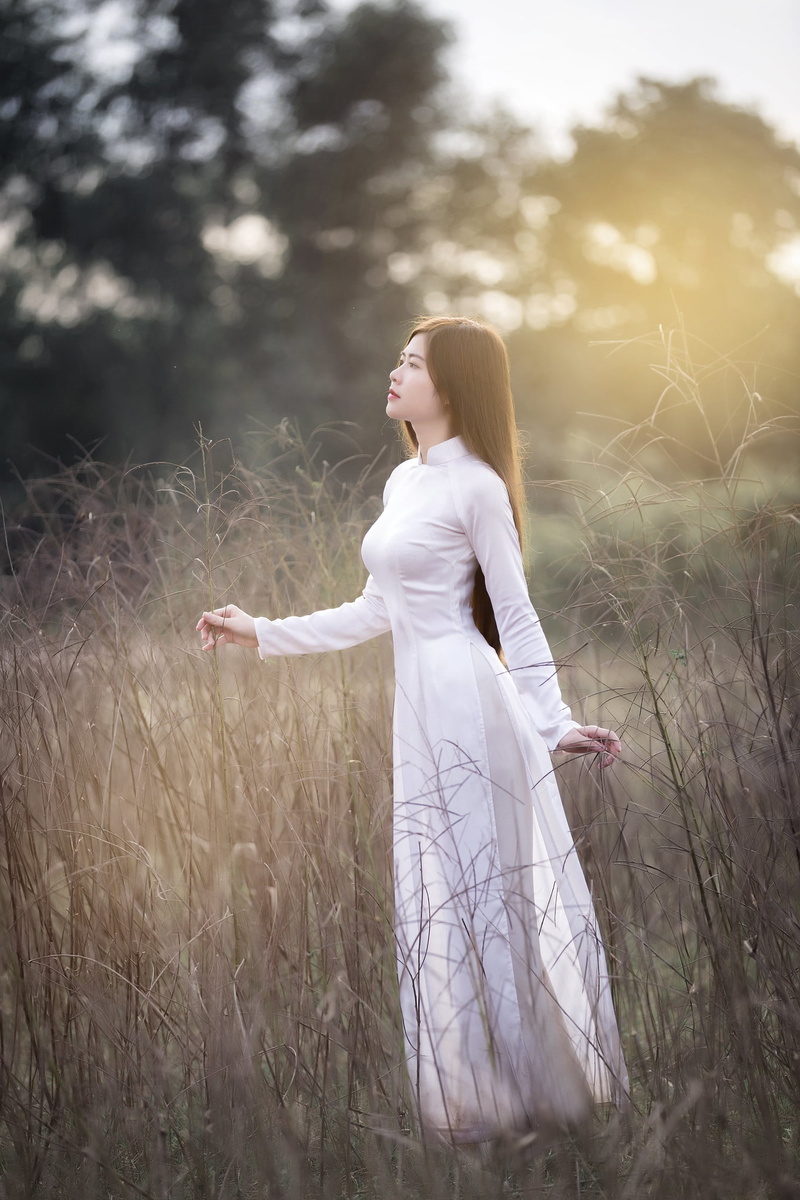 áo dài, 1080P, long hair, Vietnam dress, depth of field, Asian, grass, sunlight, women