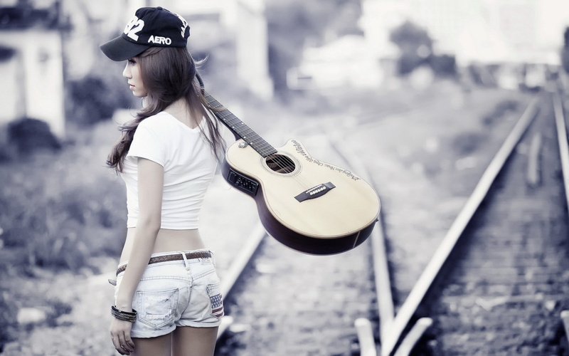 women, brunette, railway, Asian, hat, anime, guitar, Huu Trong Nguyen, 1080P, model