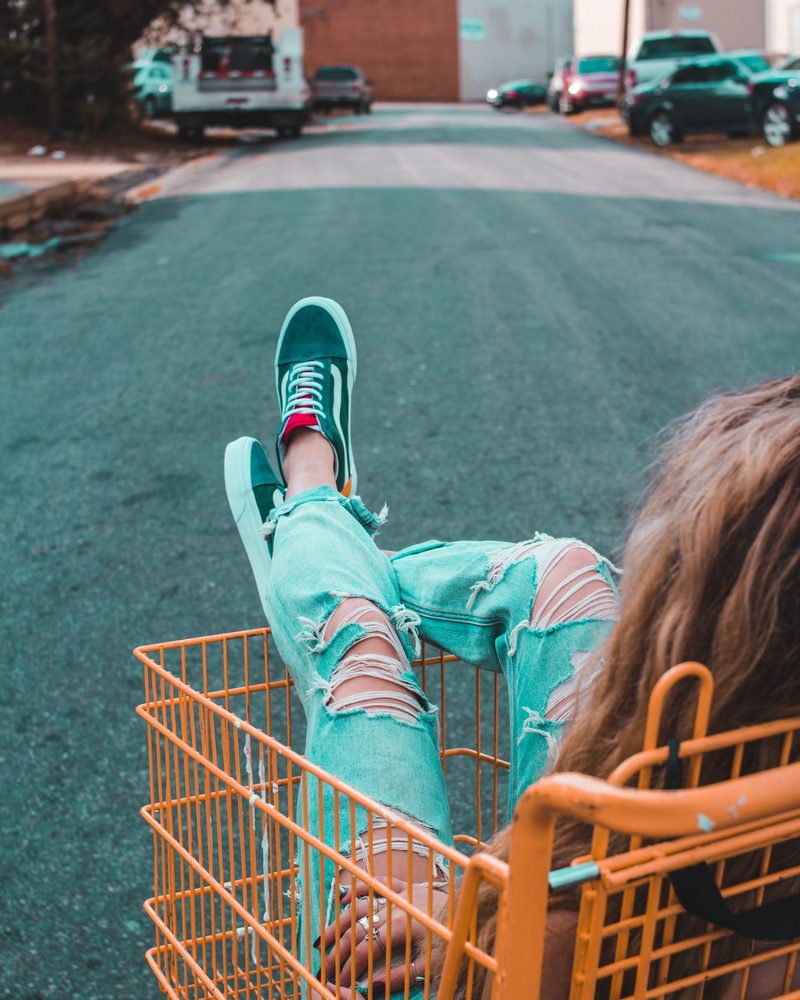 teal, outdoors, shoes, people, females, retail, shopping Cart, buying, supermarket, 4K, orange, city, culture, store, customer, vans, sitting in shopping cart