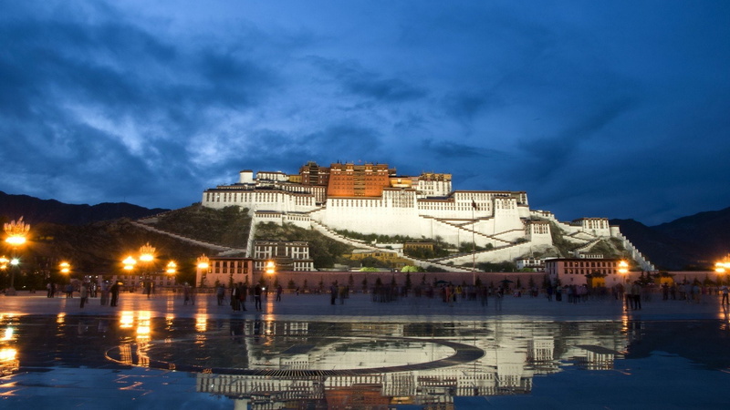 tibet, potala, water, reflections, china, 1080P, buildings, lights
