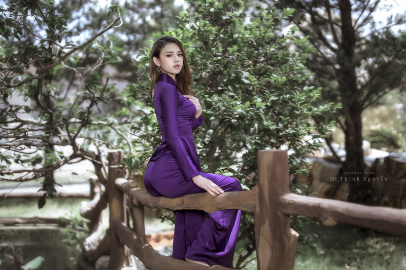 Asian, vietnamese, áo dài, 1080P, women, purple dress, trees, depth of field