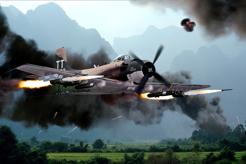 the plane, attack, mountains, smoke - physical structure, " Skyraider", 1080P, cloud - sky, army, smoke, aerospace industry, missiles, nature, war, mode of transportation