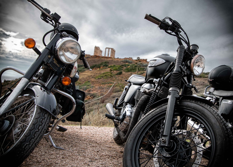 mode of transportation, 4K, outdoors, motorcycle, nature, no people, cloud - sky, road trip, cape sounio, landscape, city, cafe racer, greece, sky, focus on foreground