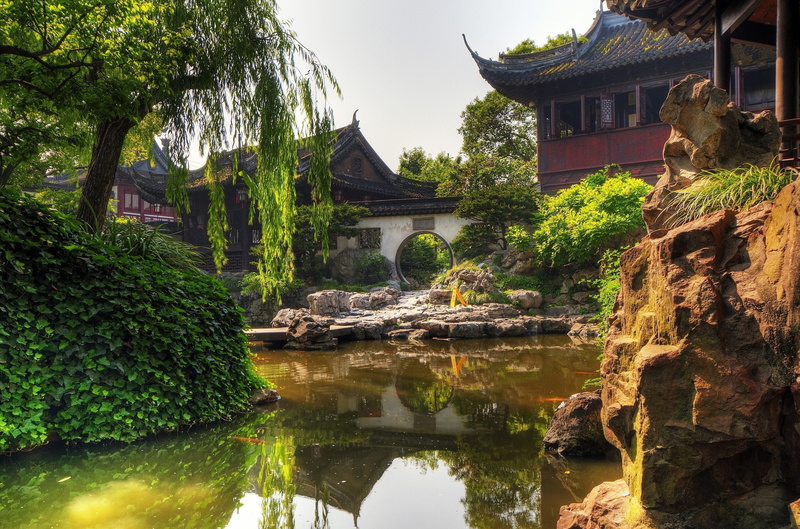 belief, plant, built structure, religion, architecture, lake, solid, rock - object, building exterior, outdoors, water, reflection, 2K, nature, yuyuan garden