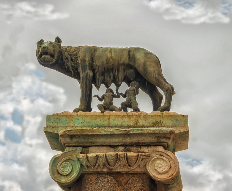 low angle view, the past, clouds, gargoyle, no people, history, craft, rome, day, Romulus, italy, travel destinations, Shewolf, Sky, sculpture, animal wildlife