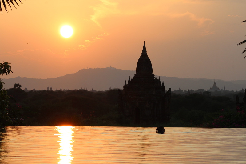 silhouette, reflection, Sunset, belief, travel destinations, orange color, nature, built structure, temple complex, mood, water, 5K, temple level, religion