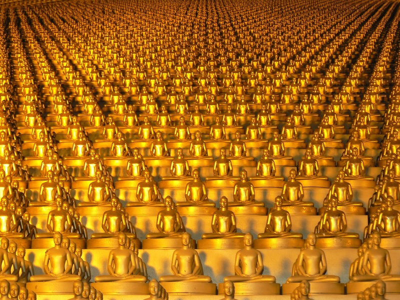 monument, budhas, backgrounds, dhammakaya pagoda, built structure, thai, temple, statues, full frame, gold colored, 2K, in a row, metal, pattern, large group of objects