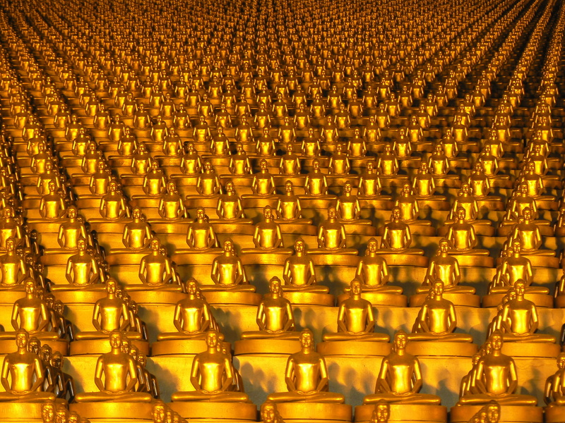 phra dhammakaya, dhammakaya pagoda, statues, no people, side by side, metal, arrangement, pattern, 2K, order, in a row, buddhism, illuminated, repetition