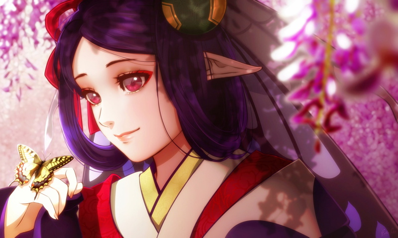 young women, portrait, elf girl, indoors, headshot, women, clothing, purple hair, 1080P, anime games, beautiful woman, onmyouji heian ayakashi kitan, purple