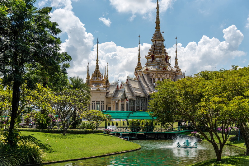 no people, water, pond, building, plant, grass, temple, trees, cloud - sky, growth, the sky, spire, Palace, sky, built structure, lawn, day, Park, travel destinations