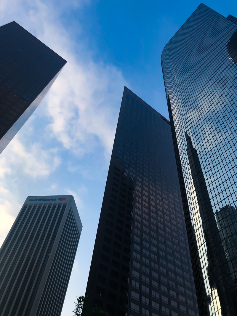 no people, nature, cloud - sky, low angle view, united states, office, 4K, office building exterior, banister, road, city, skyscraper, glass - material