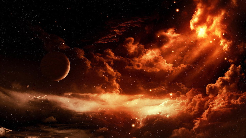 clouds, 1080P, 3d and abstract, moon, space, illustration, planet, light, red, skies, stars