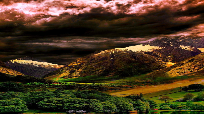 nature and landscapes, mountain, forest, 1080P, valley, red, green, skies, mountains, hdr, mean, clouds, brown, stormy