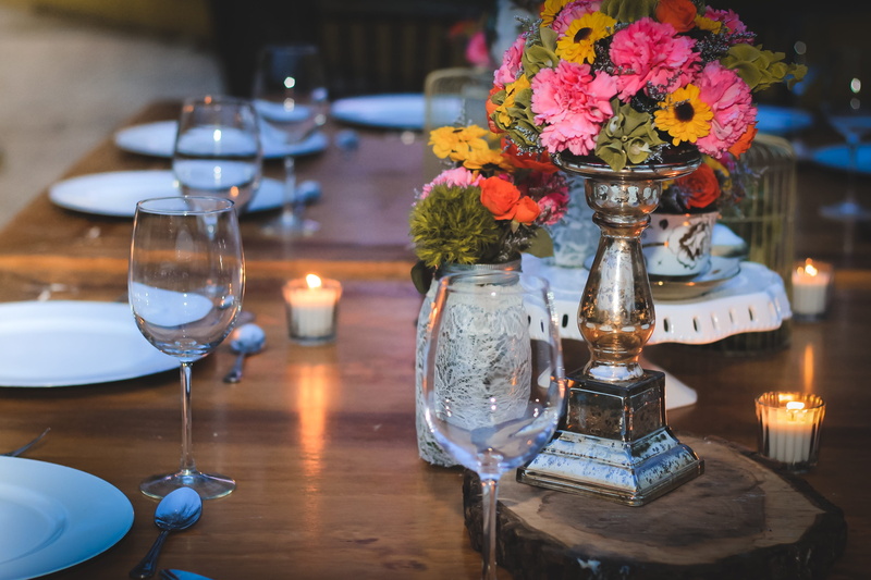 wineglass, close, flower head, cups, centerpiece, wood, candles, table, vintage, setting, clear, decoration, fix, events, business, roses, indoors, freshness