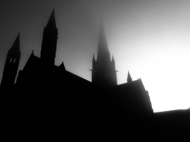 place of worship, sky, spirituality, gray, australia, sacred heart cathedral, peaks, tower, travel destinations, cathedral, film, fantasy, gothic style
