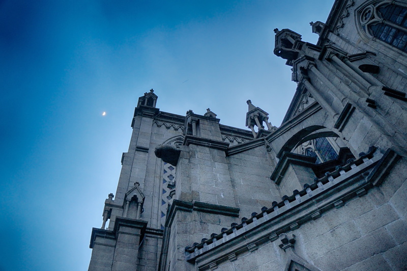 no people, blue, nature, built structure, low angle view, sacred heart cathedral, travel destinations, faith, outdoors, sky, beautiful, moon, the past