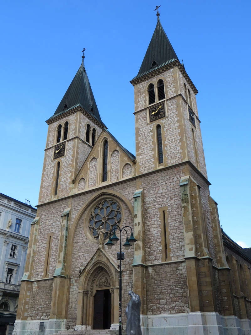 religion, no people, sacred heart cathedral, clock, tower, sky, building exterior, arch, day, cathedral, sarajevo, nature, outdoors, belief, low angle view