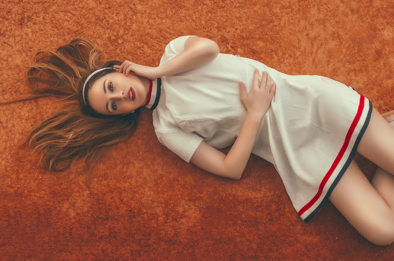 women, top view, brunette, red lipstick, open mouth, model, lying down, white dress, lying on back, 1080P, long hair