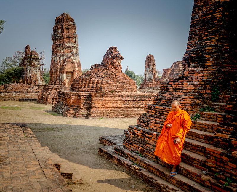 structure, work, place of worship, temple, building, sculpture, architecture, ayutthaya, step, tower, brown, prayer, city, robe, monk, built structure