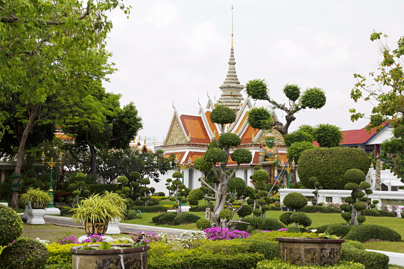 asia, history, no people, flower, grass, building, outdoors, wat arun, gilded, temple, spiritual, flowerbed, ornamental garden, nature, bangkok, religion