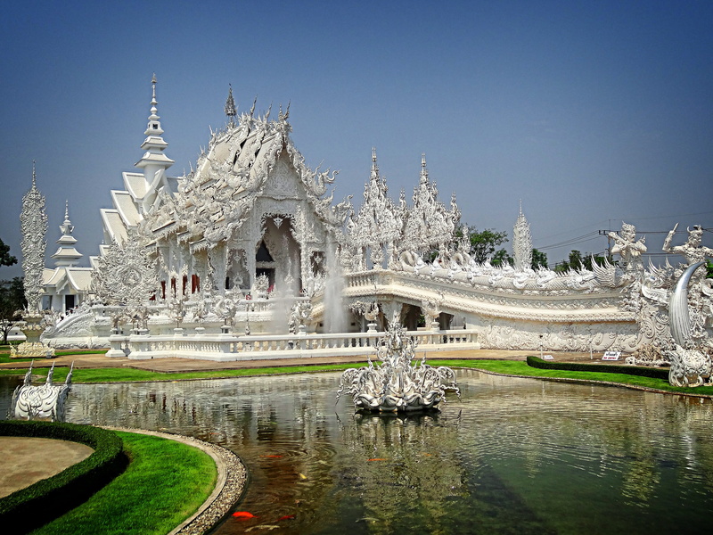 wat rong khun, pond, outdoors, sculpture, art and craft, reflection, water, building, history, architecture, ornate, thailand, place of worship, religion