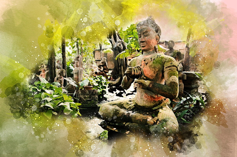 east, built structure, architecture, male likeness, thailand, creativity, art and craft, spirituality, motion, digital art, water, day, garden, asia, outdoors