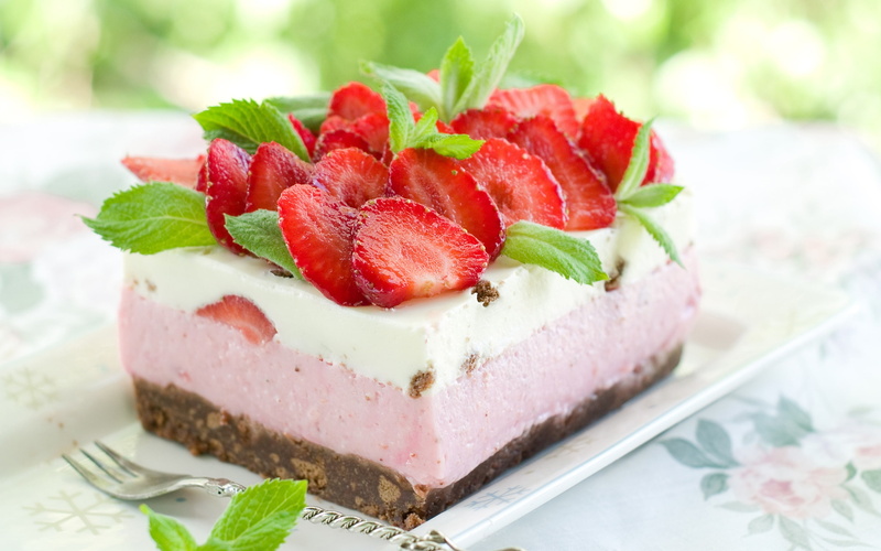Leaves, Cake, Green, Strawberries, 2K, Fresh, Cream