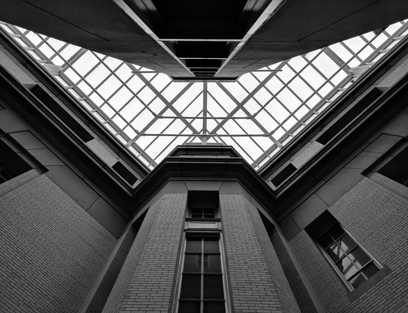 4K, low angle view, brick wall, glass - material, united states, city, washington, modern, no people, interior, building exterior, outdoors, inside, office building exterior