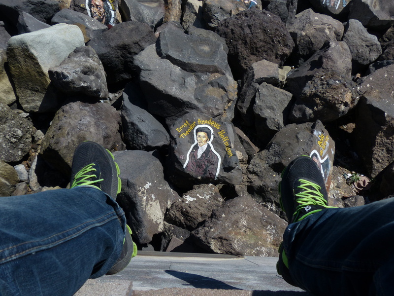 4K, shore stones, tenerife, jeans, person, art painter, famous, dangle, personal perspective, feet, hoffmann, stars, outdoors, sunlight, human limb, solid