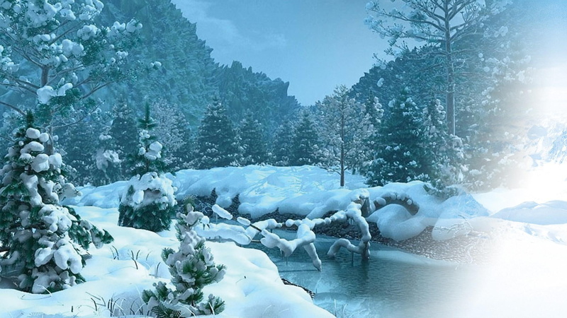 trees, winter, cold mountains, brook, creek, forest, snow, stream, 1080P, mountain, 3d and abstract, hight