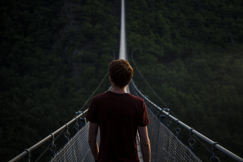 footbridge, person, nature, suspension bridge, outdoors, tree, rear view, bridge, dark, hight, mountain, connection, standing, bridge - man made structure