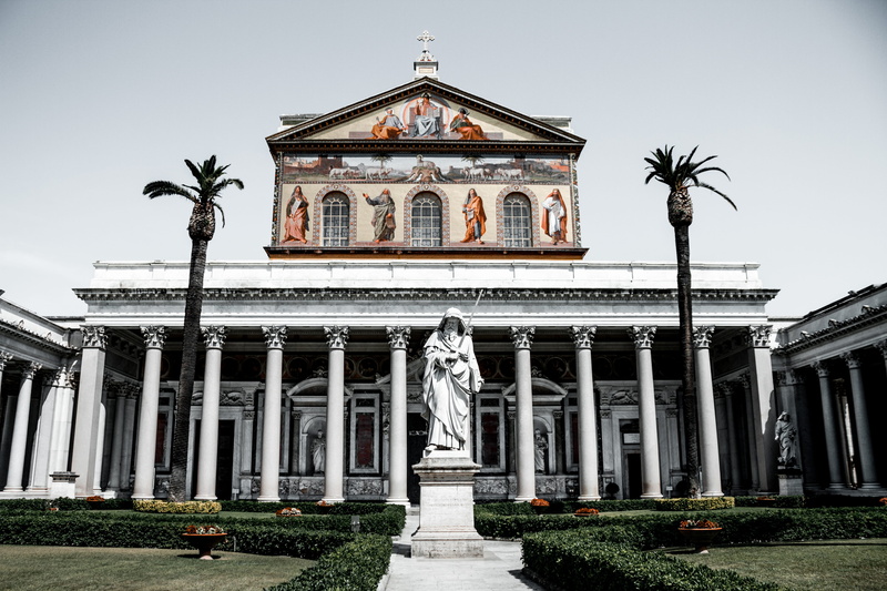 sky, history, representation, basilica papale san paolo fuori le mura, chapel, roma, no people, cross, italy, nature, europe, entrance, trees, sculpture