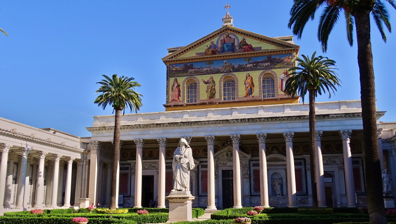 plant, clear sky, papale san paolo fuoi le mura, basilica, religion, 5K, tropical climate, historically, architecture, blue, architectural column, outdoors