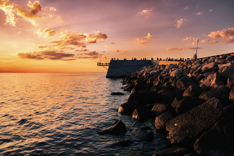 nature, Sun light, sunset, boardwalk, beach, Silhouette, Sverige, sweden, Skåne län, europe, beside, sea, dusk, vatten, 5K, summer, SE, malmö, water, rocks