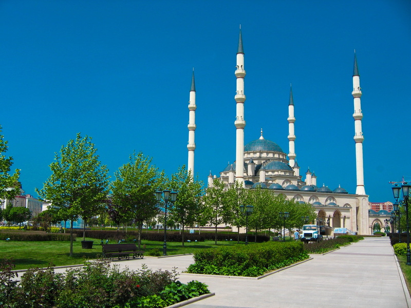 belief, spire, blue, building exterior, chechnya, place of worship, architecture, grozny, travel destinations, built structure, outdoors, sky, plant, ornate