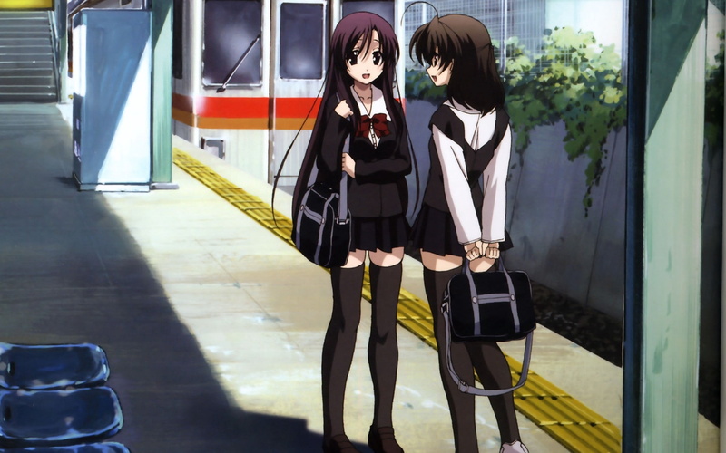 passenger, railroad Station Platform, talk, outdoors, japanese Ethnicity, three quarter length, women, illustrations, architecture, looking at camera, walking