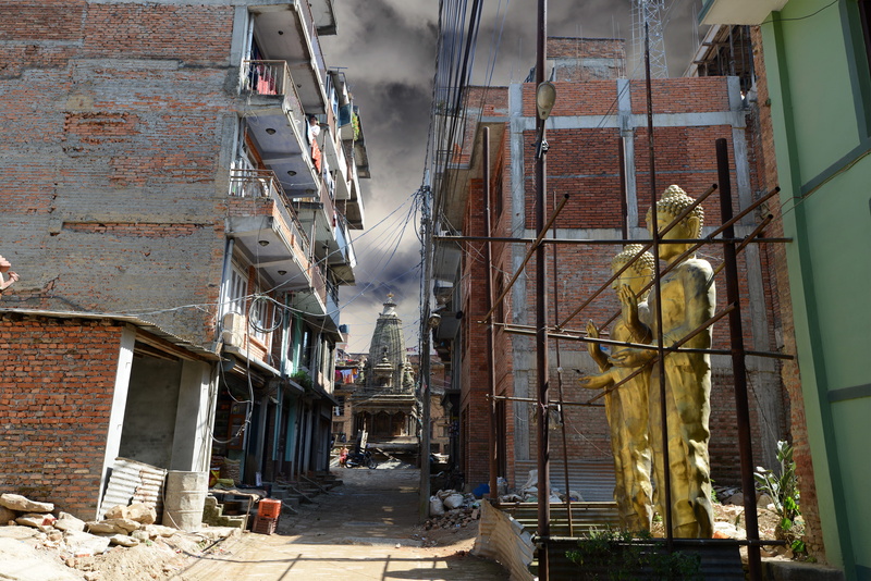 architecture, demolished, built structure, building exterior, 4K, earthquake, alley, buddhism, metropolis, footpath, statues, animal, bird, nature, patan