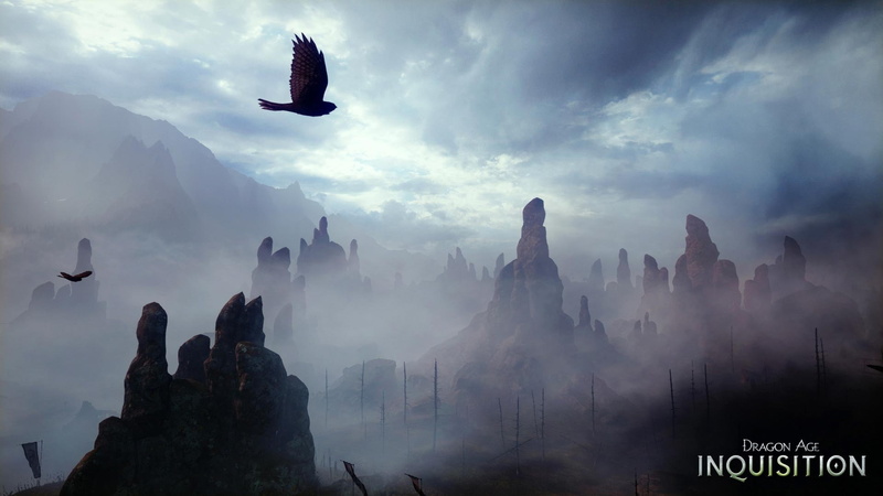 cloud - sky, mountain, architecture, animal themes, bird, outdoors, fog, no people, sunrise - dawn, flying, urban skyline, environment, 1080P, land, dragon age inquisition