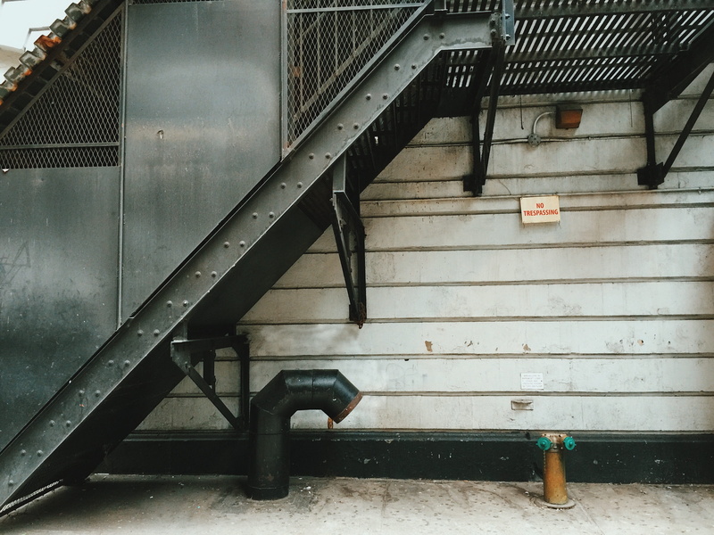 black, seat, communication, exit, sign, parking garage, staircase, fire, building, metal, architecture, building exterior, no trespassing, railing, 2K