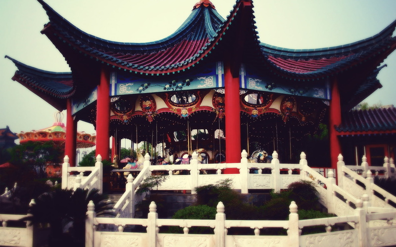 carousel, warm, red, architecture, asian, oriental, hd, black, temple, 1080P