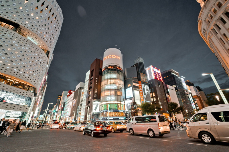 ginza, city street, road, landscape, transportation, travel, residential district, mode of transportation, japan, 1080P, illuminated, skyscraper, city