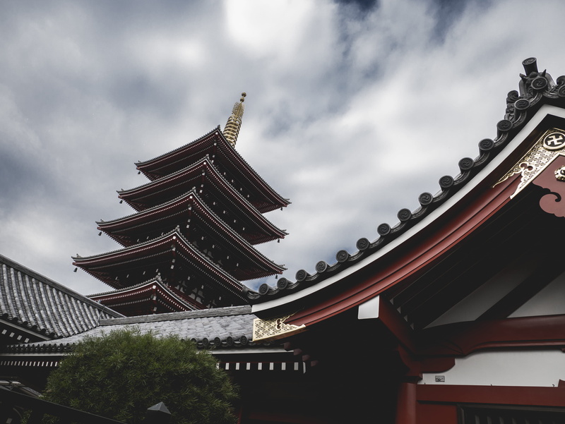 town, asakusa, outdoors, shrine, place of worship, red, travel destinations, low angle view, tokyo, building, nature, column, corridor, grey, religion