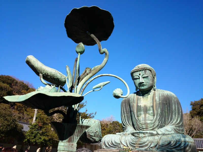 blue, statue, belief, male likeness, no people, nature, buddha, spirituality, day, religion, clear sky, sculpture, creativity, growth, japan, 5K, kamakura
